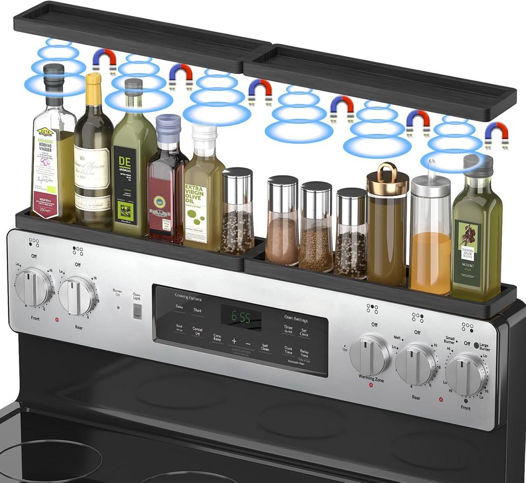 PEKER Magnetic Stove Top Shelf for 30" Stoves, Over Oven Shelf Above with Bamboo Spice Rack Organizer, Heat-Resistant, Space-Saving Solution for Kitchen Storage (Black)