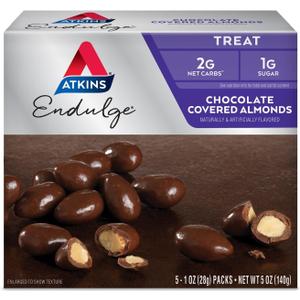 Atkins Endulge Treat Chocolate Covered Almonds. Rich & Crunchy. Keto-Friendly.1 Oz, 5 Count (Pack of 4) (EXP 11/14/26)