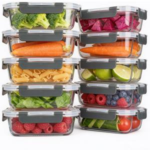 KAMOTA Glass Food Storage Containers, 10 Pack Glass Meal Prep Containers, Airtight Containers with Snap-Lock Lids, 22 oz Grey Container Set with Lids, for Microwave/Oven/Freezer/Dishwasher
