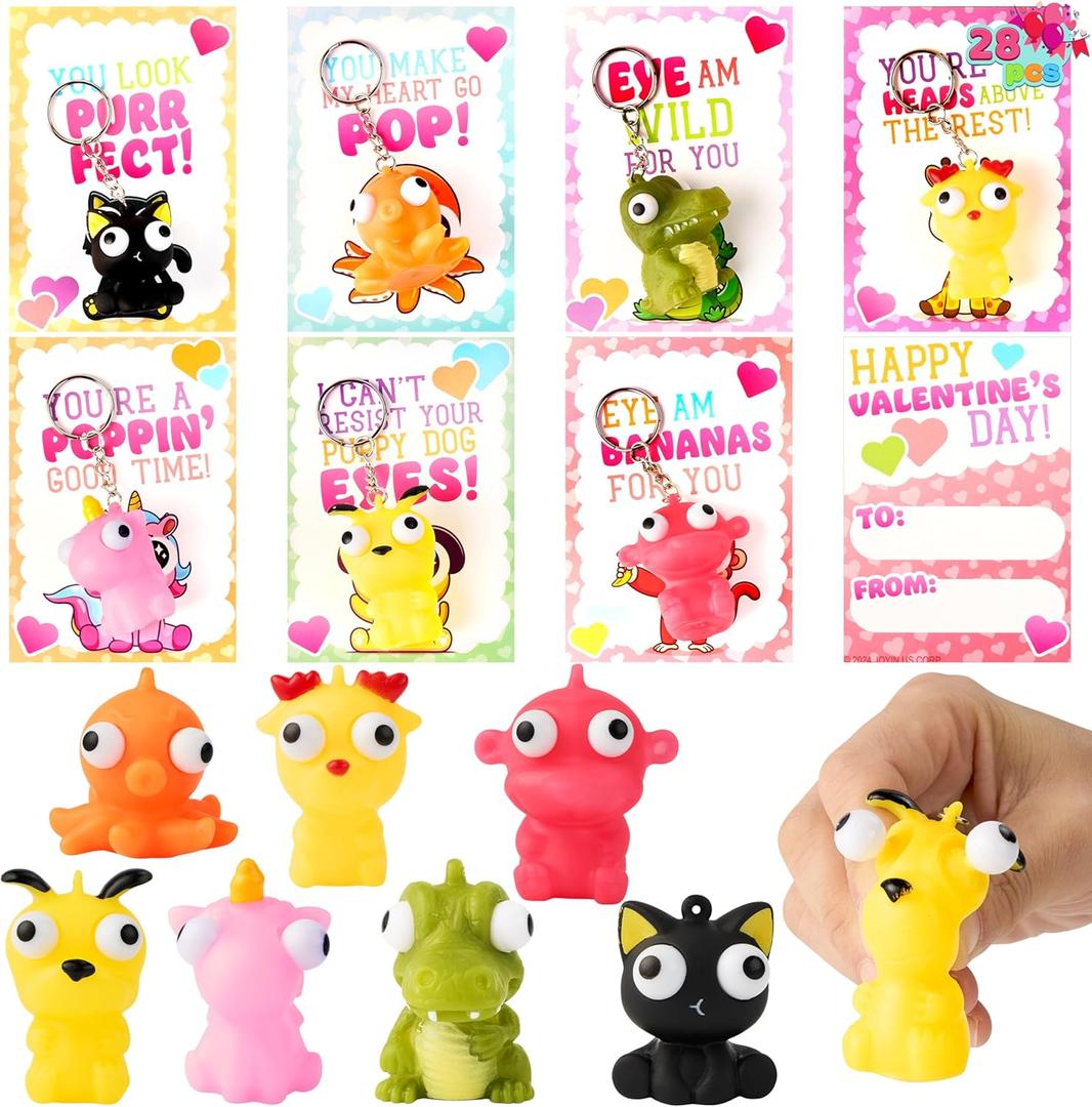 JOYIN 28 PCS Valentines Cards with Animal Popping Eyes Keychains for Gifts Party Favor, Classroom Exchange Prize, Valentines Greeting Cards, Cat