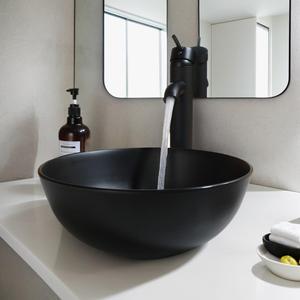 Black Vessel Sink with Faucet and Pop-Up Drain 13 inch Stone Resin Round Bathroom Basin Compact Vessel Sinks Top Mount Sink Bowls for Small Bathrooms Vanities Space Saving Design, 12.8x12.8x5.8 inches