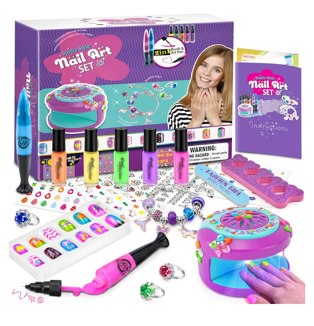 Kids Nail Polish Set for Girls, DIY Nail Art Kit Toys with Nail Dryer,Fake Nail,Nail Sticker,Peelable Nail Polish, Non-Toxic Quick Dry Nail Art Salon Toys for Girls Age 6-12