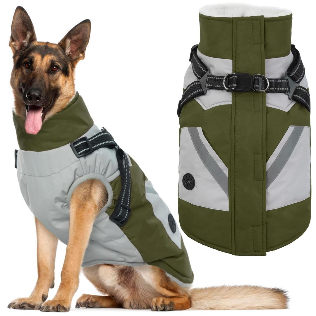 IECOii Dog Coat for Large Dogs Waterproof Dog Winter Jacket with Harness Built in, Orange - XXLarge, Thermal Warm Fleece Lined, Reflective Dogs Jackets for Cold Weather Camping, Hiking, Pitbull