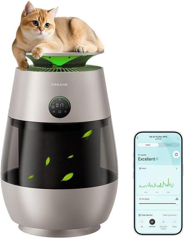 Dreame Pet Air Purifier AP10, Suck Up Floating Cat Dog Hair Dander, NeverChange 5.4-Year Filters for Odor Purification, 1346 ft for Home Large Room, Pet-Friendly Design, APP & Voice Control, Gold