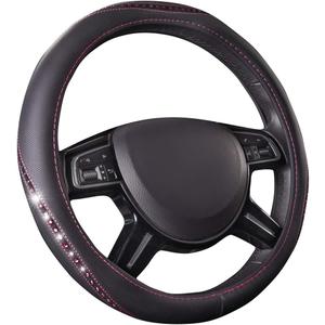 CAR PASS Bling Diamond Leather Steering Wheel Cover, Studded Crystal Rhinestones Universal Fit 14" 1/2-15" Crystal Glitter for Women Sparkle Girl Fit Suvs,Vans,Sedans,Cars,Trucks, Hot Pink Diamond