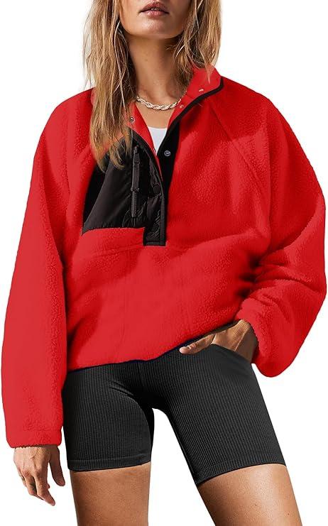 Yanekop Womens Fuzzy Fleece Pullover Sherpa Sweatshirt Long Sleeve Button Down Sweater Jacket with Pockets L