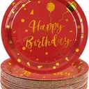 50 Pack Happy Birthday Red and Gold Paper Plates, 7 inch Metallic Foil Polka Dots Disposable Dessert Party Supplies for Graduation Wedding Holiday Christma Party Decorations