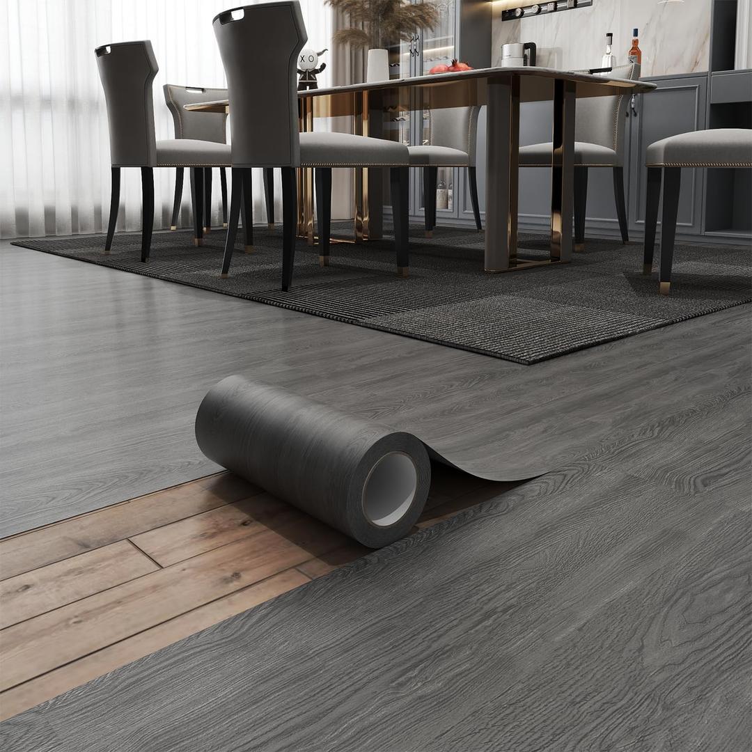 Peel and Stick Floor Tile 11.8 x 590 Vinyl Flooring Roll Cover 48.4 Sq.Ft. Waterproof Scratch-Resistant DIY Self-Adhesive PVC Wood Flooring for Renter, Kitchen, Bathroom, RV, Grey