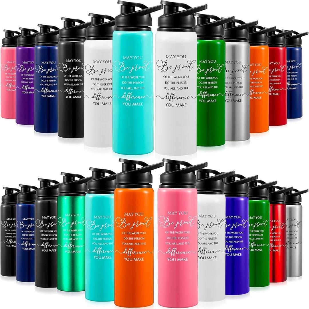 Bokon 24 Pack Thank You Inspirational Gifts Reusable Aluminum Water Bottle Bulk Lightweight Leakproof Metal Sports with Lid for Christmas Gym Camping Hiking Back to School Gift(Colorful,25 oz)