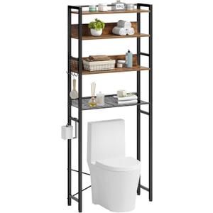 Rolanstar Over The Toilet Storage 4-Tier, Freestanding Bathroom Organizer, Sturdy Behind Toilet Rack with Hooks, Space-Saving Design, Fits Most Toilets, Rustic Brown (8.7"D x 23.6"W x 65.7"H)