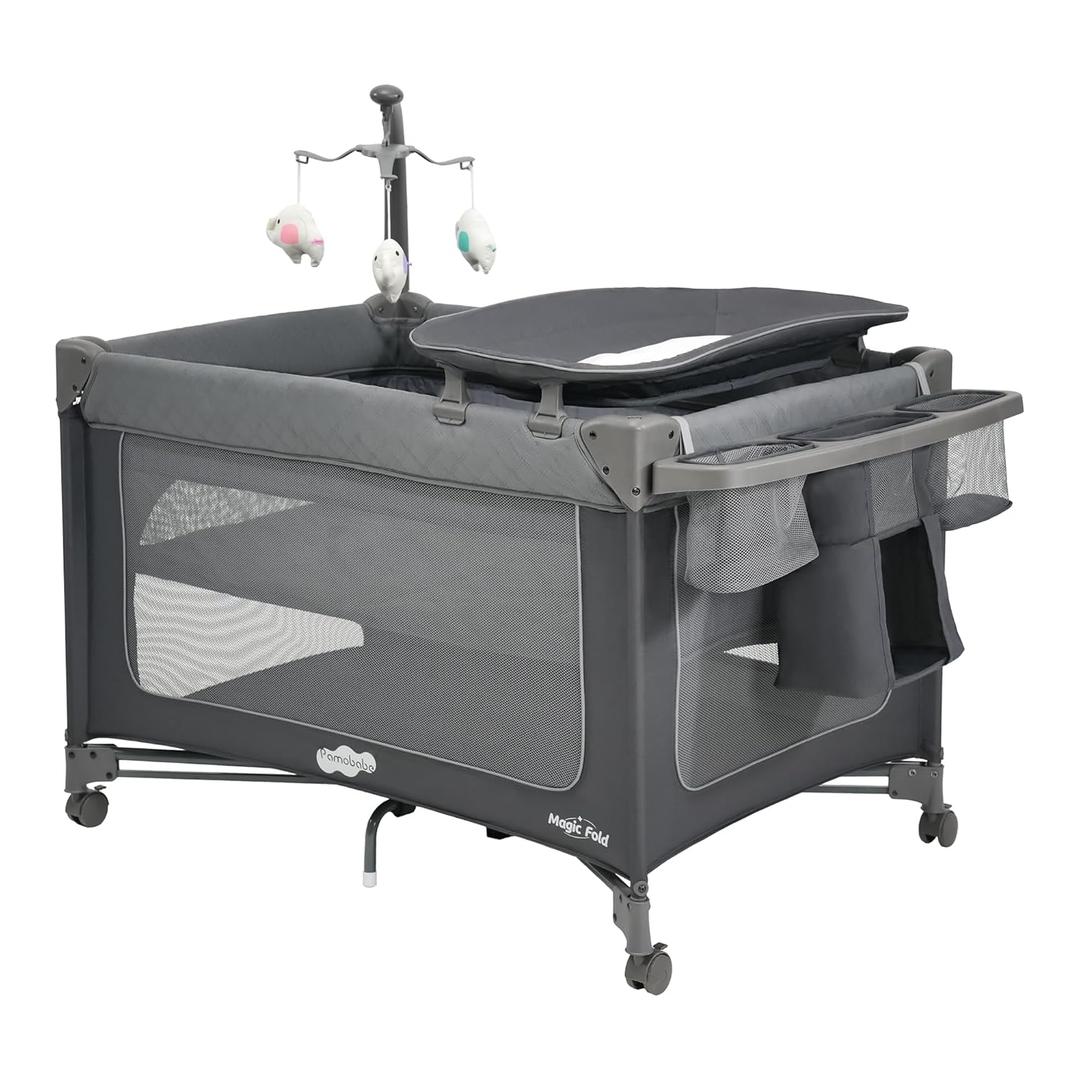 Pamo Babe 1-Second Setup 3-in-1 Playard for Babies - Heavy-Duty Steel Frame for Safe Sleep Space, Portable Crib with Zip Door & Changing Table, Locking Wheels, Breathable Mesh (Dark Grey)