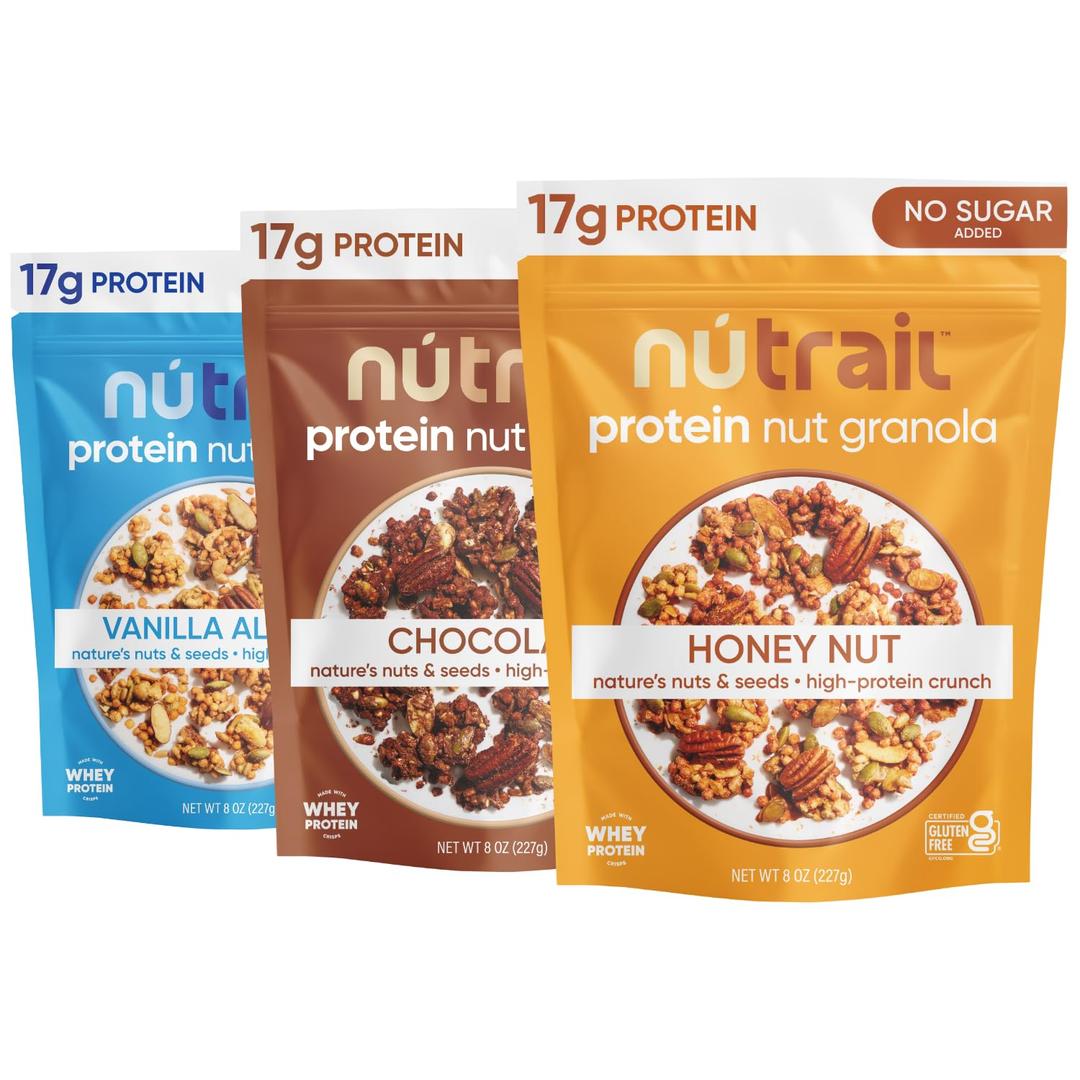 NuTrail 17g Protein Nut Granola Cereal, Variety Pack, No Sugar Added, Keto, Low Carb, Gluten Free, Grain Free, Healthy Breakfast 8 oz. 3 Count (EXP 06/23/26)