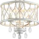 Farmhouse Crystal Ceiling Light Fixture, 3-Light Semi Flush Mount Crystal Chandelier Light Fixture Rustic Vintage White Pendant Ceiling Lamp for Hallway Corridor Kitchen Entryway Bedroom Living Room (16" High 12.8" Wide)