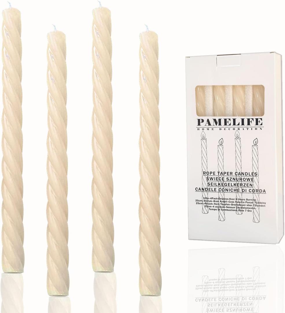 2 x 10 Inch Baby Blue Spiral Taper Candle Set, 4 Pack Unscented Dripless Long Burning Time Candlesticks for Dinner Party, Wedding Shower and Home Decoration (Ivory)