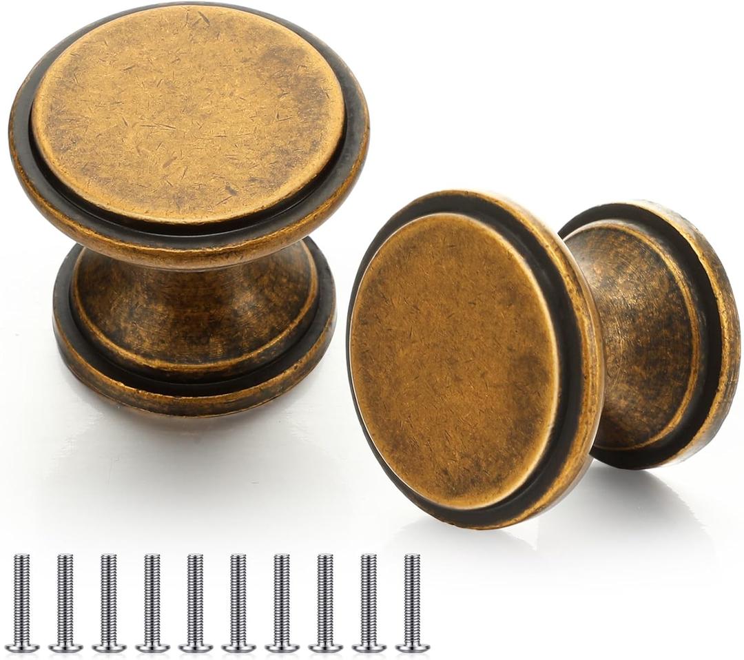 Shimeyao 10 Pack Vintage Antique Brass Cabinet Knobs 1 Inch Round Dresser Knobs Kitchen Drawer Knob Brushed Brass Hardware Single Hole Cupboard Door Knob Dresser Pulls Handles