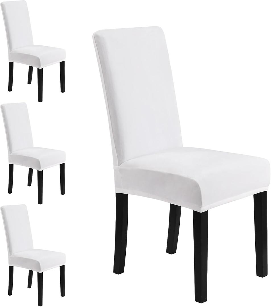 MOSAYT Velvet Stretch Chair Covers for Dining Room Set of 4 - Soft Slipcovers with Thick Removable Fabric for Parsons Chairs, Washable Seat Protectors for Kitchen, Banquet & Home Decor, White