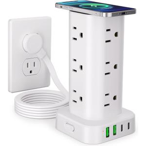 Power Strip Tower with Wireless Charger, Flat Plug Surge Protector Tower with 6FT Extension Cord, 12 AC Multiple Outlets, 4 USB (2 USB C),15W Wireless Charging Power Tower for Home Office Dorm, White