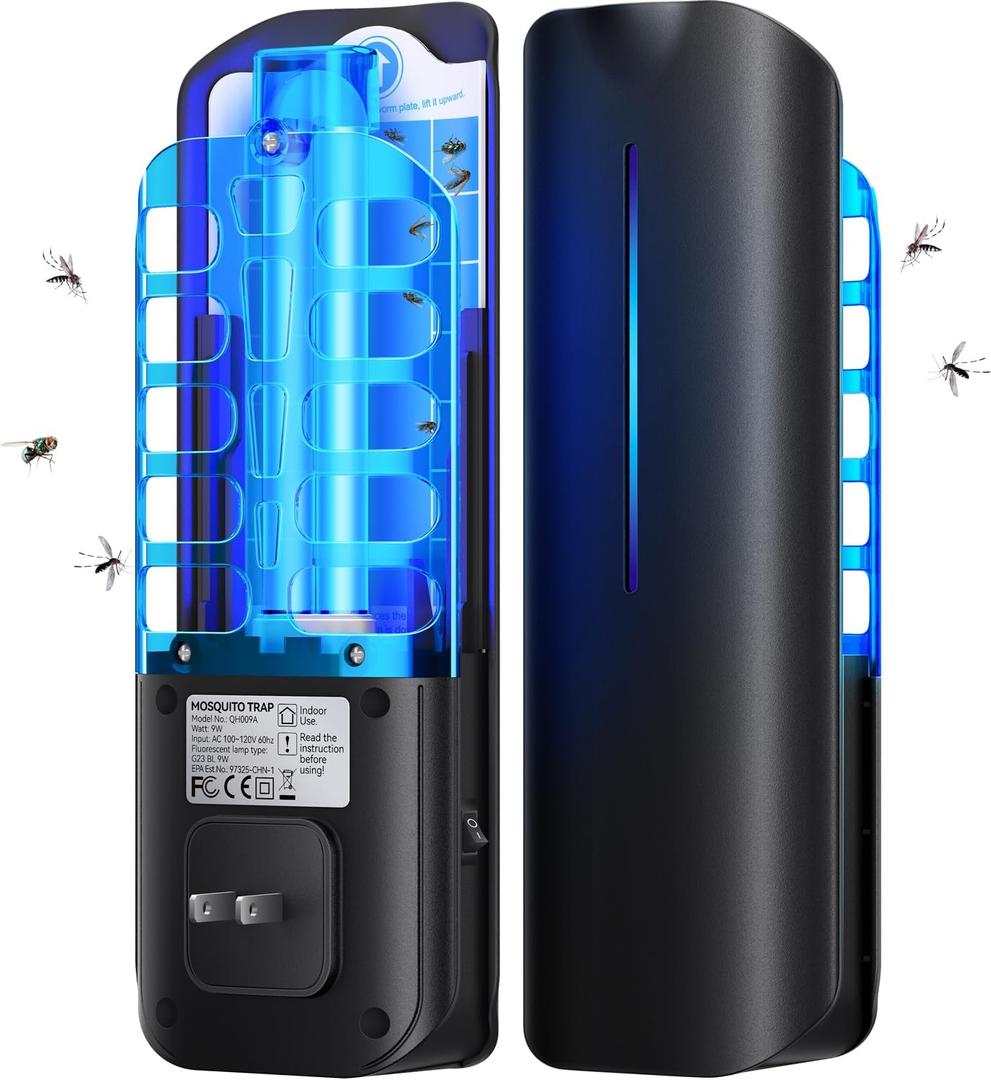 Flying Insect Trap Plug in Mosquito Bug Zapper Indoor Gnat Moth Catcher with 9W Night UV Light, 10 Sticky Glue Board Refills for Home Office (Black)
