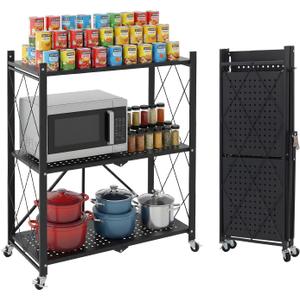 3 Tier Foldable Storage Shelves with Wheels, Metal Collapsible Organization Storage Rack, No Assembly Folding Bookshelf, Rolling Storage Rack for Kitchen, Bedroom, Pantry, Garage, Display, Black