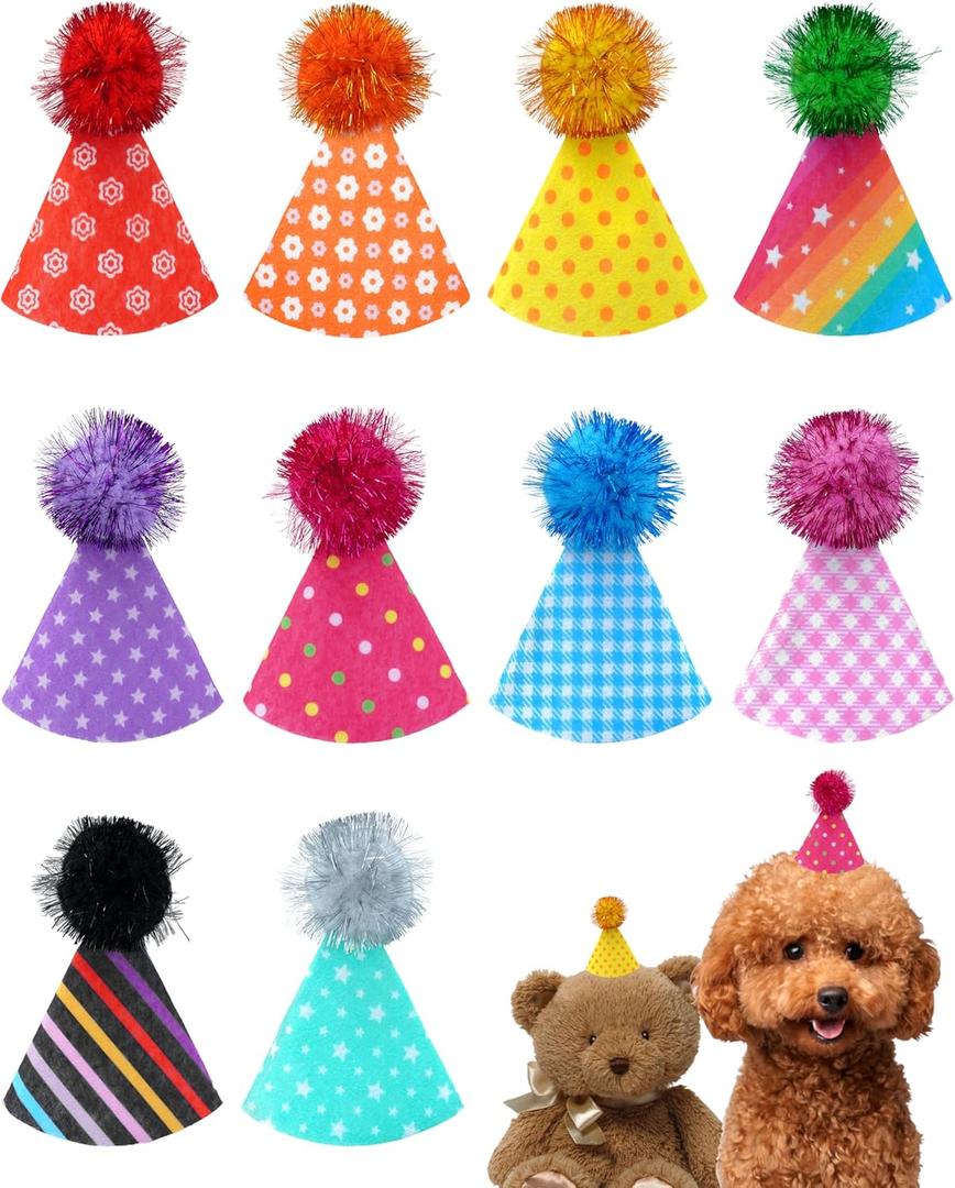 PET SHOW 10 Pack Mini Party Hats for Small Dog Birthday Stuffed Animals Puppy Cats Adjustable Headband Colorful Holiday Felt Hats Kitten Pet Grooming Costume Accessories