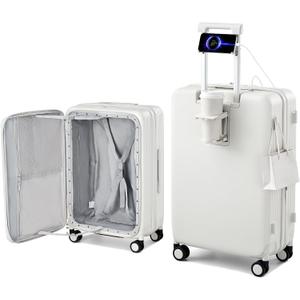 Hanke 24Inch Expandable Luggage Top Opening Medium Checked Luggage Hard Shell Suitcases with Wheels Travel Luggage Rolling Suitcase with Cup Holder(Smoke White)