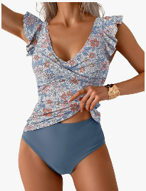 Tankini Swimsuit for Women Tummy Control Two Piece Bathing Suit Ruched Ruffle Swimwear Top with Bottom L