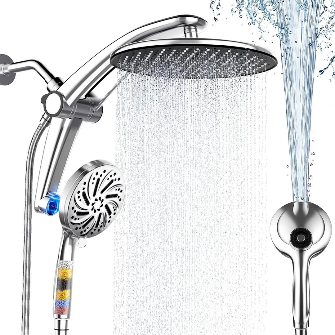 Shower Head with filtered Handheld High Pressure daul Shower Heads with Handheld Spray Combo and 10 Sprays Handheld Shower Head Detachable Shower head Built-in Magnetic Docking and Power Jets Chrome