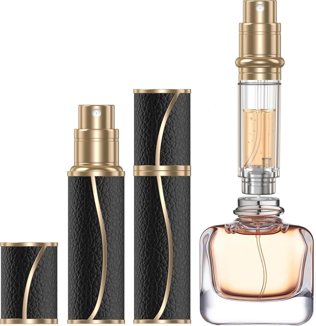 10ml Perfume Travel Refillable Atomizer,Genuine Leather Bottom Filling Perfumes Bottle,Mini Fragrances Dispenser,Portable Cologne Sprayer Pocket Size for Plane Trip Gift 0.34oz (Black)