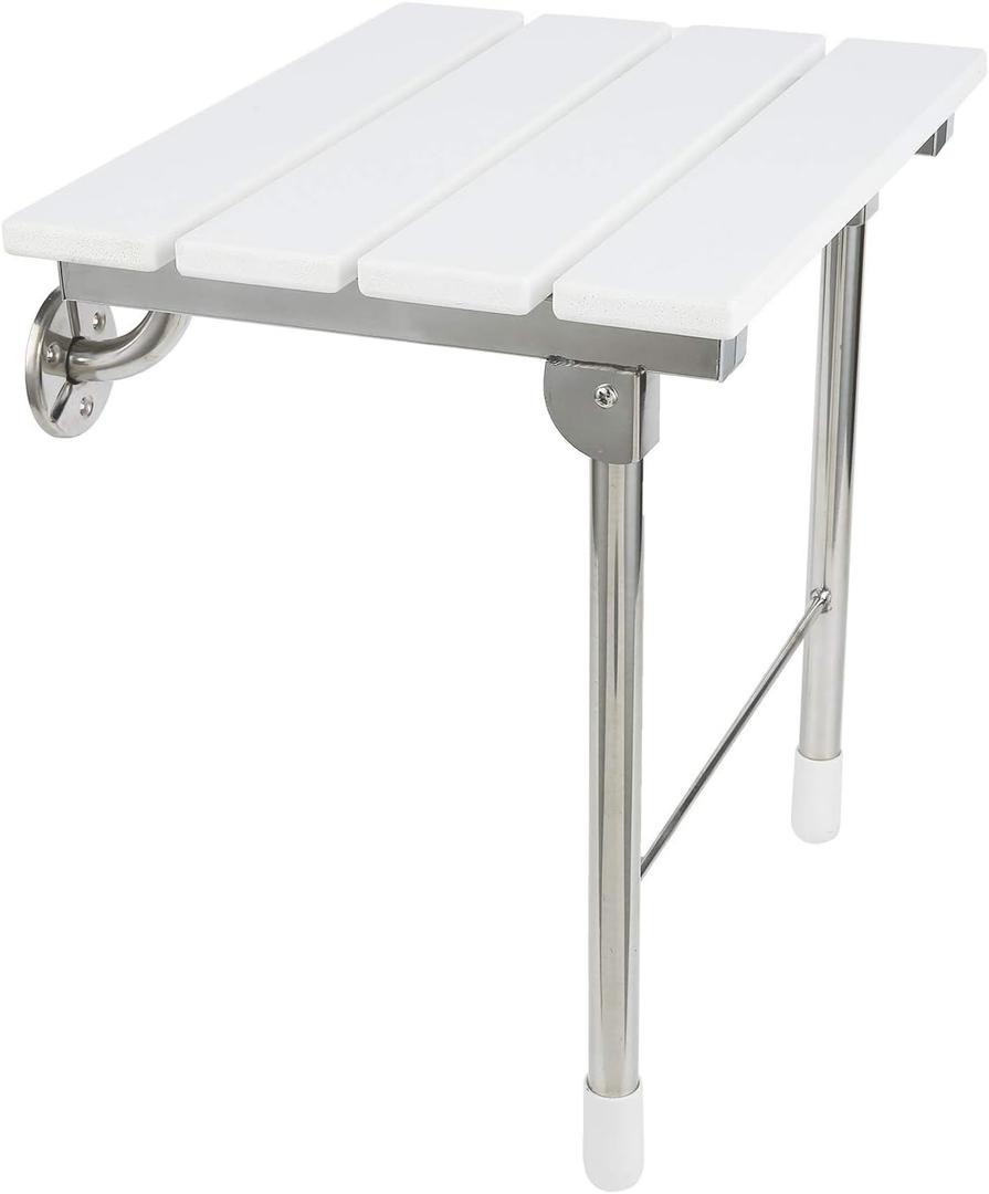 Folding Shower Seat Wall Mounted Bathroom Bathtub Safety Stool Chair, Solid Wood, with Support Legs, Load of 350 lbs, 14.88"(L)*12"(W)*17.12"(H) (WPC)