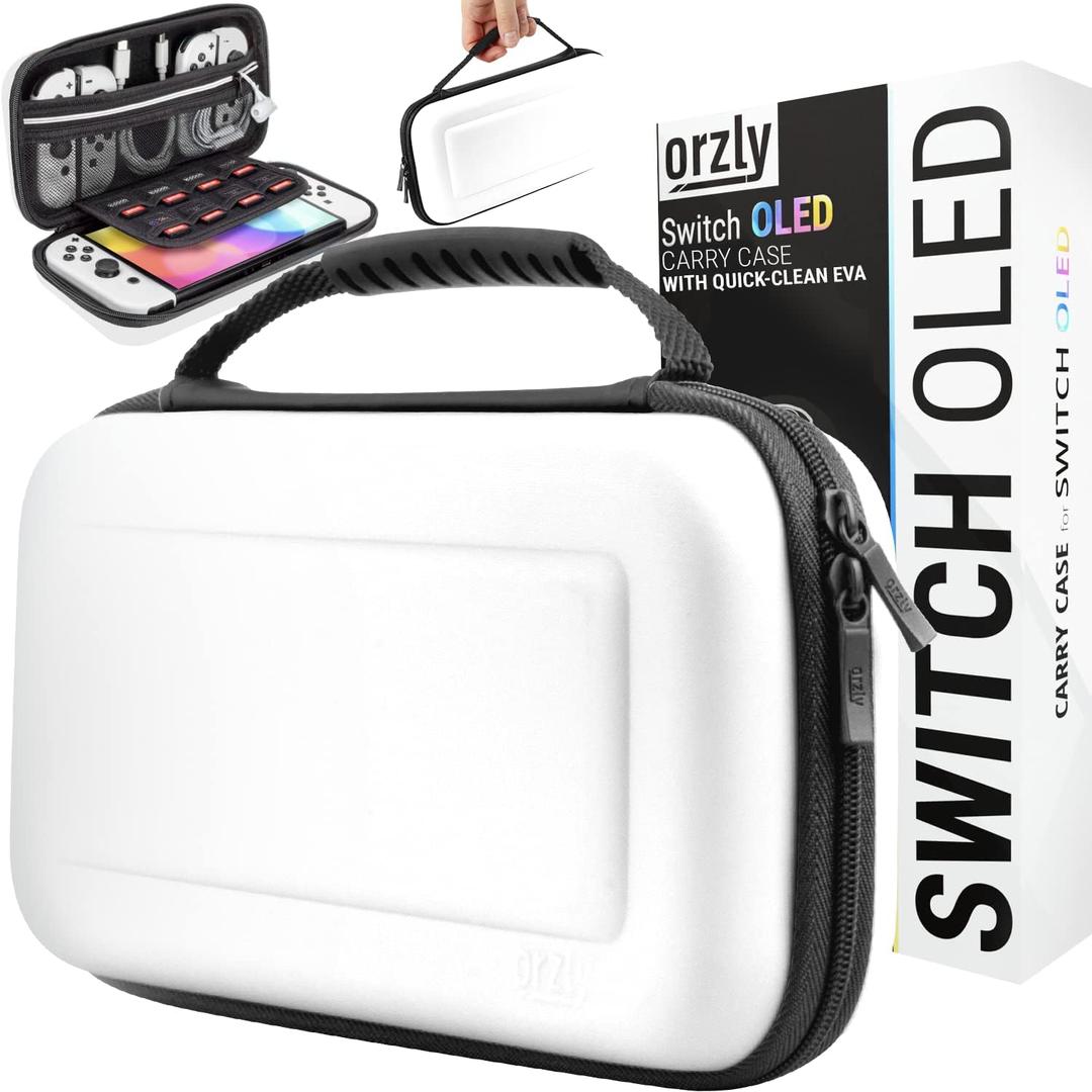 Orzly Carrying Case for Nintendo Switch OLED Console with Accessories and Game Storage Compartment - Easy Clean Case Gift Boxed (While)