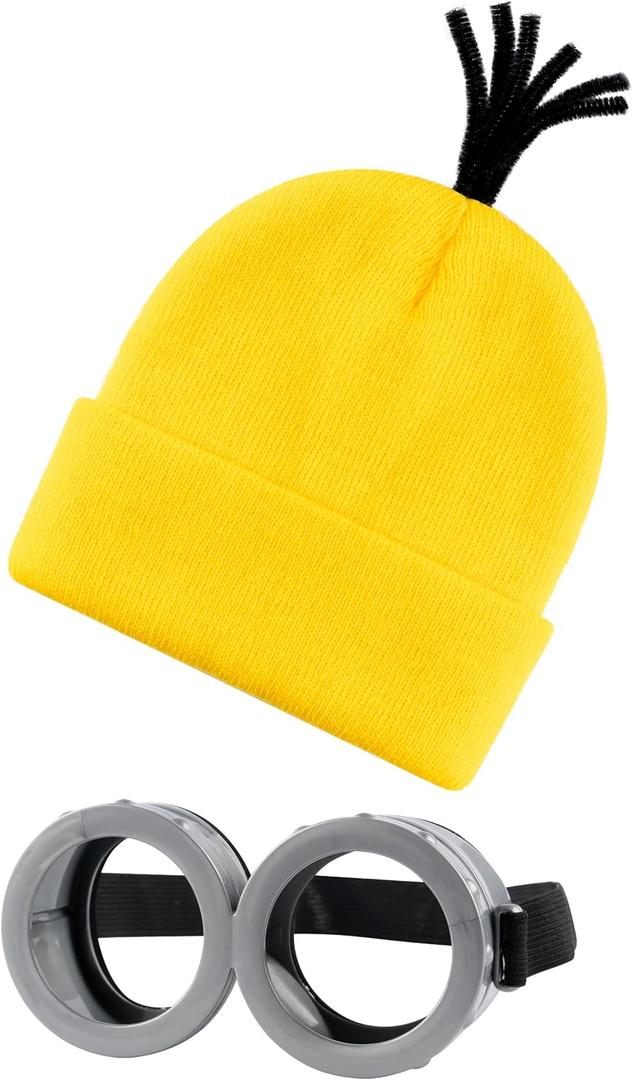 2Pcs Costume Accessories Adult Steampunk Goggles Glasses Yellow Beanie Knit Hats Women Kids Halloween Cosplay Party