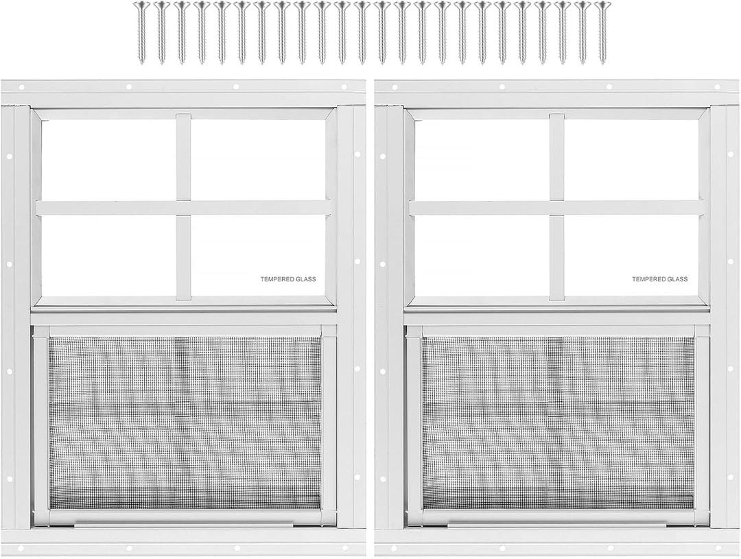2 Pack Shed Window 12" W x 16" H, White Flush Mount Window with Tempered Glass and Removable Screen for Playhouses, Sheds, Garage and Chicken Coops