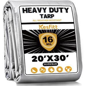 Kesfitt 16 Mil Heavy Duty Waterproof Tarp with Metal Grommets, 20x30 ft, Silver & Blue Reversible Poly Tarp for Outdoor Protection, Yard, Worksite, Equipment, Veicles,Pools Coverage