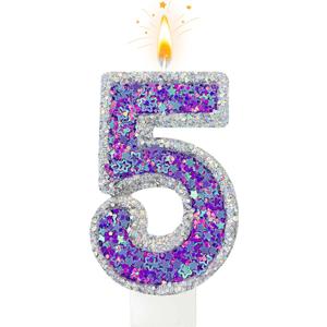 K-pop Music Number 5 Birthday Candle Glitter Purple Silver Cake Topper for Kpop Music Themed Birthday Party Decorations