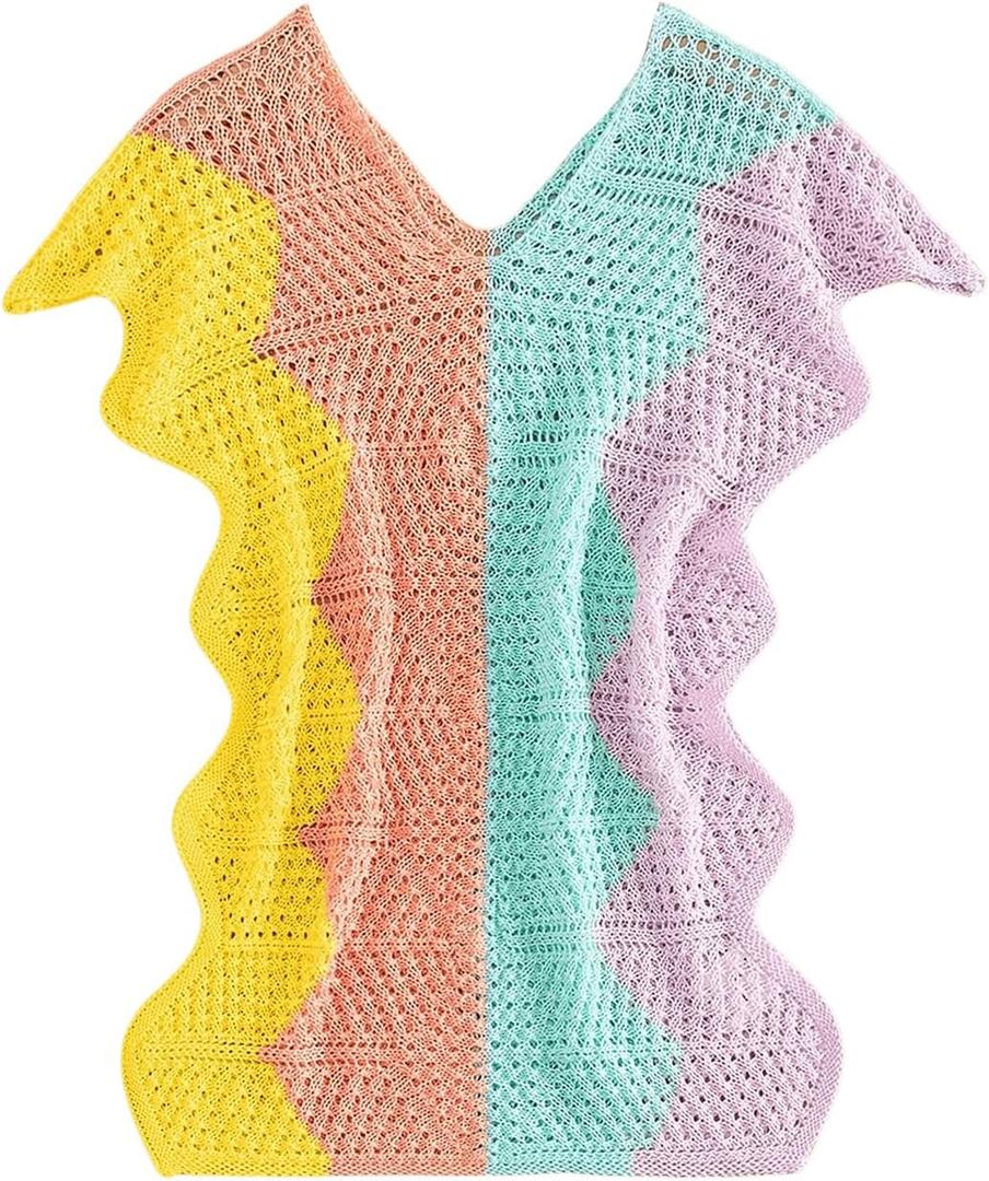 WDIRARA Girl's Crochet Cover Up Color Block Short Sleeve V Neck Beach Swimsuit Coverups Rainbow Multicolor 11-12Y