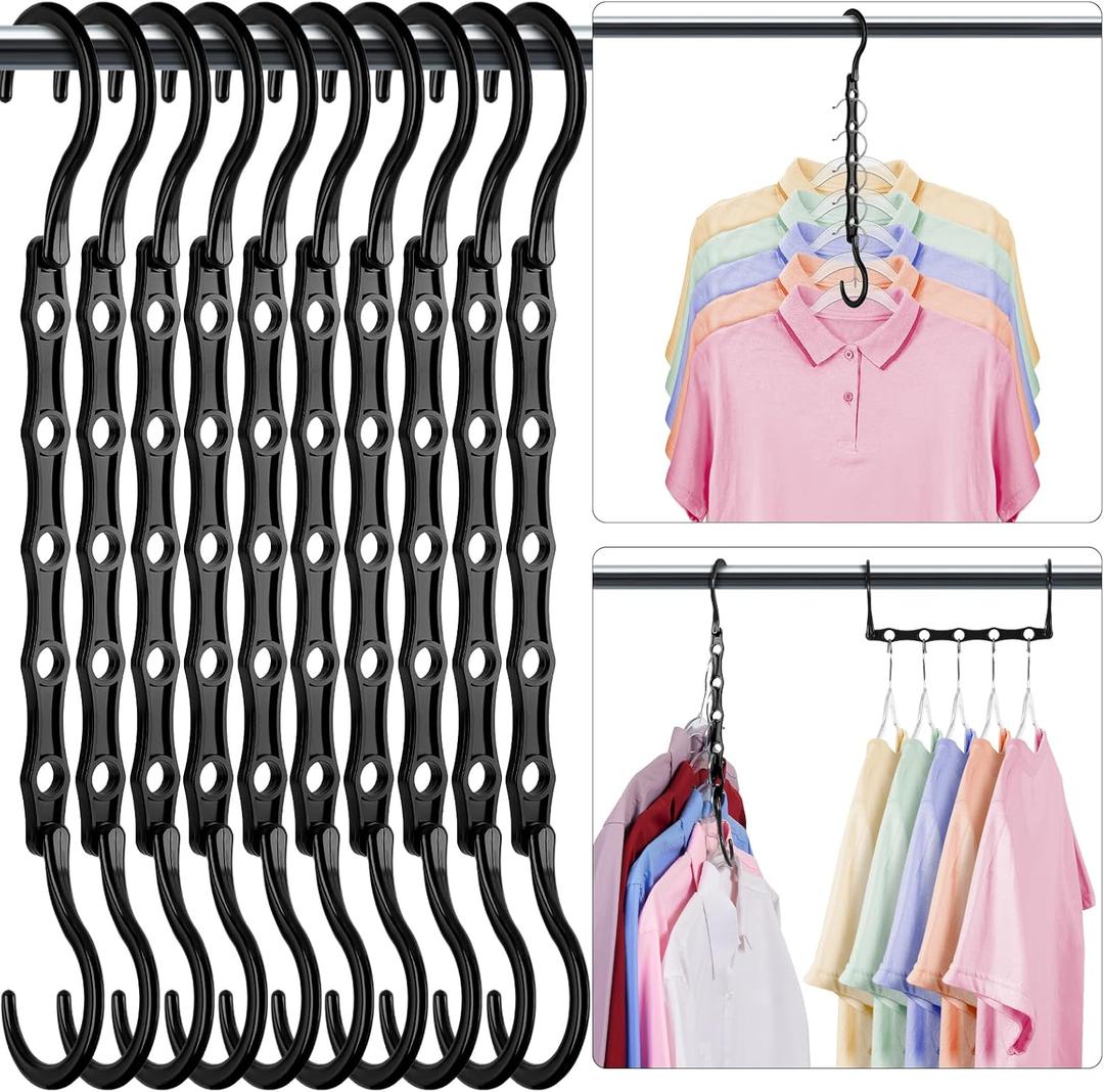 HOUSE DAY Closet Organizers and Storage 12 Pack, College Dorm Room Essentials, Multifunctional Organizer Magic Space Saving Hangers with 5 Holes, Storage Organization for Wardrobe Closet (Black)