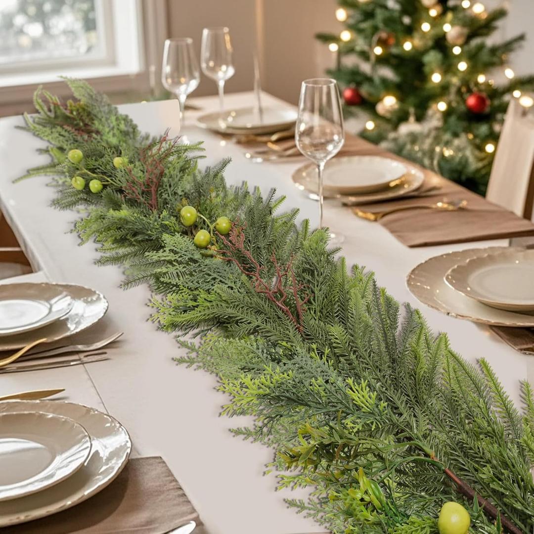 6ft Artificial Norfolk Pine Christmas Garland with Green Berries, Real Touch Winter Greenery Garland for Home, Fireplace, Table, Mantle, Porch, Indoor Outdoor Holiday Decor