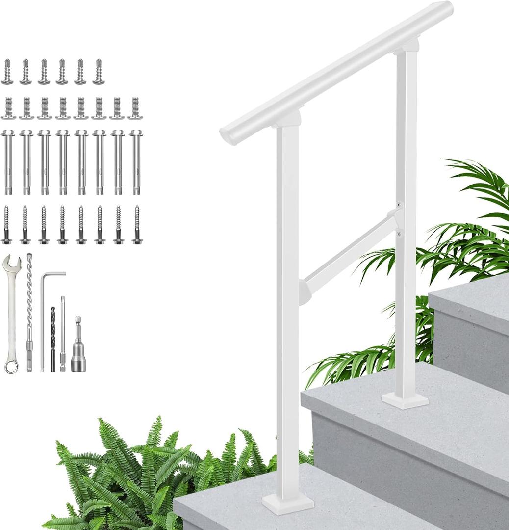 Handrails for Outdoor Steps,Outdoor Stair Railing - Fits 1 to 2 Steps,Easy DIY Installation Kit Included, White Wrought Iron Hand Rails for Outdoor Steps