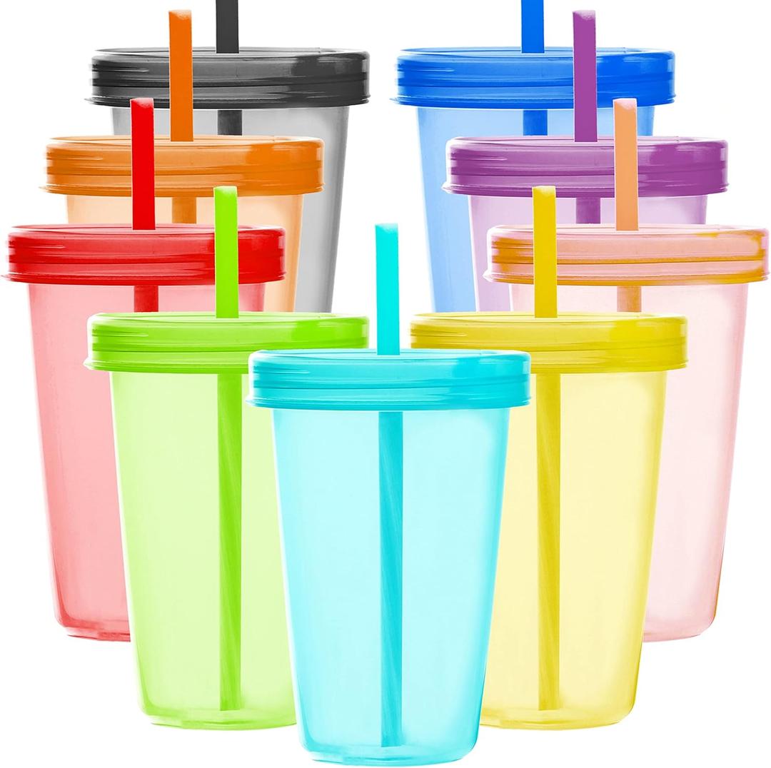 Youngever 9 Sets 16 Ounce Plastic Cups with Lids and Straws, Reusable Plastic Cups with Straws (Rainbow Colors) (Assorted)