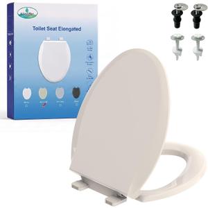 Almond Elongated Toilet Seat, 18.5 x 14.2 Inch Durable Plastic Toilet Seat, Slow Close Quiet Lid, Top & Bottom Mount Hardware, Easy Clean & Safe Universal Bathroom Toilet Seat