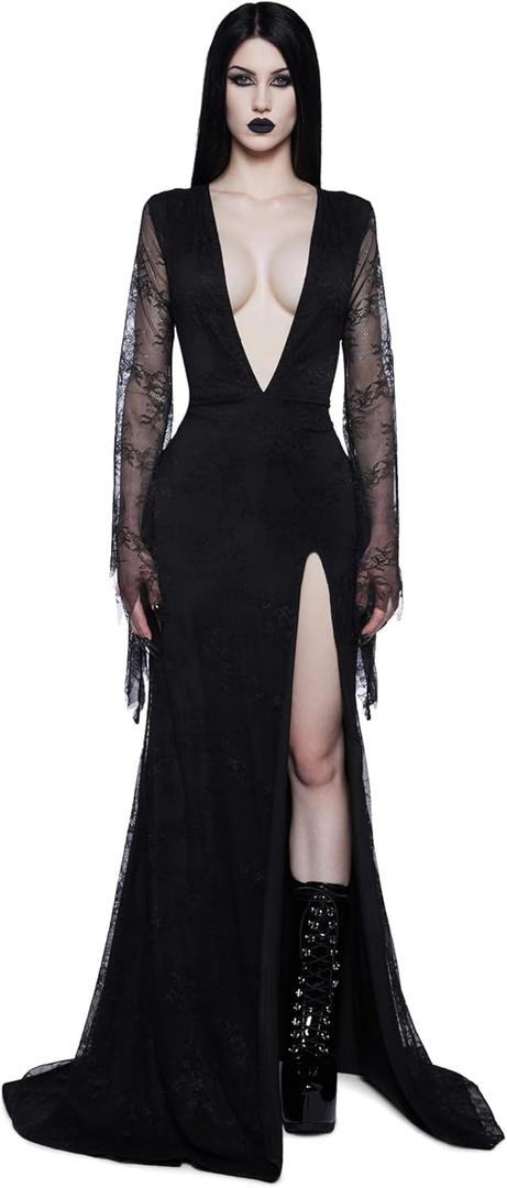 Dolls Kill Lace Morticia Inspired Costume - Vampire Queen Maxi Outfit by Trickz N' Treatz (Large)