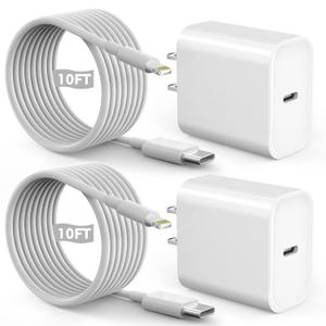 Fast iPhone Charger, Quick 10Foot USBC Wall Charger Phone Charge 2Pack 20W PD USB C Fast Charger Block + 10FT Lightning Fast Charging Cable for iPhone 14/Pro/Pro Max/Plus/13/12/11/XS/XR/X/SE2022/iPad (White)