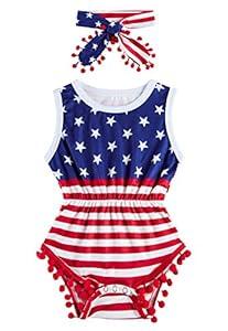 UNICOMIDEA Baby Girl Flag Outfits 0-3 Months July Fourth Clothes Funny Newborn Girl Sport Rompers With Headband Summer Sleeveless Infant Girl Playsuit