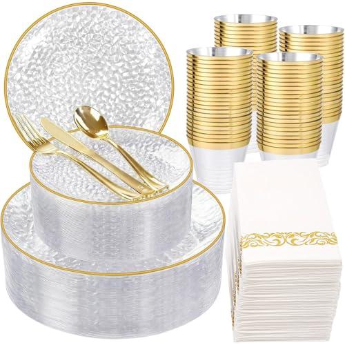 Rubtlamp 350 Pcs Clear Gold Plastic Plates, Hammered Disposable Dinnerware, Clear-Gold Plates Set Include 100 Plastic Platos, 150 Gold Disposable Silverware, 50 Cups And 50 Napkins for Party