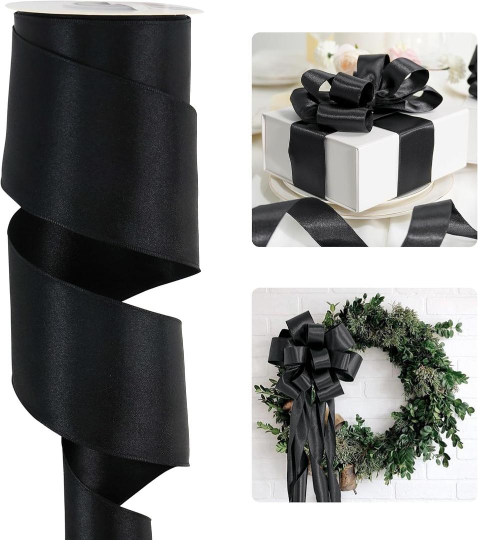 HUIHUANG Black Satin Wired Ribbon 2-1/2 inch Double-Faced Satin Wire Edge Ribbon for Wreaths, Bows Making, Gift Wrapping, Holiday Home Decor, Crafts, Holiday Tree Bows-Continous 10 Yards