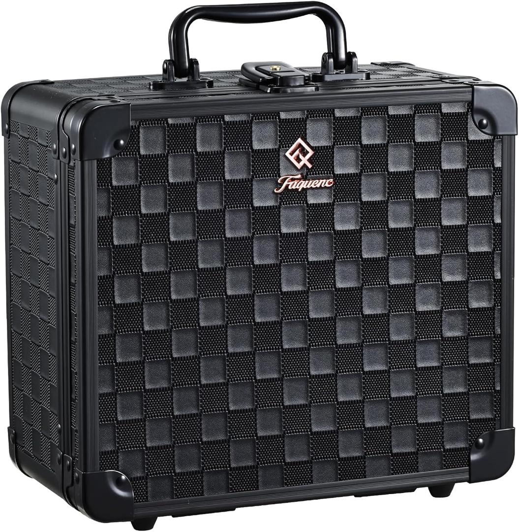 Makeup Bag with LED Mirror  Hard Makeup Case with Lighted Mirror, Portable Makeup Organizer Box with 3-Color LED Light, Makeup Train Case with 6 Dividers, Makeup Travel Case for Women (Black Checkerboard)