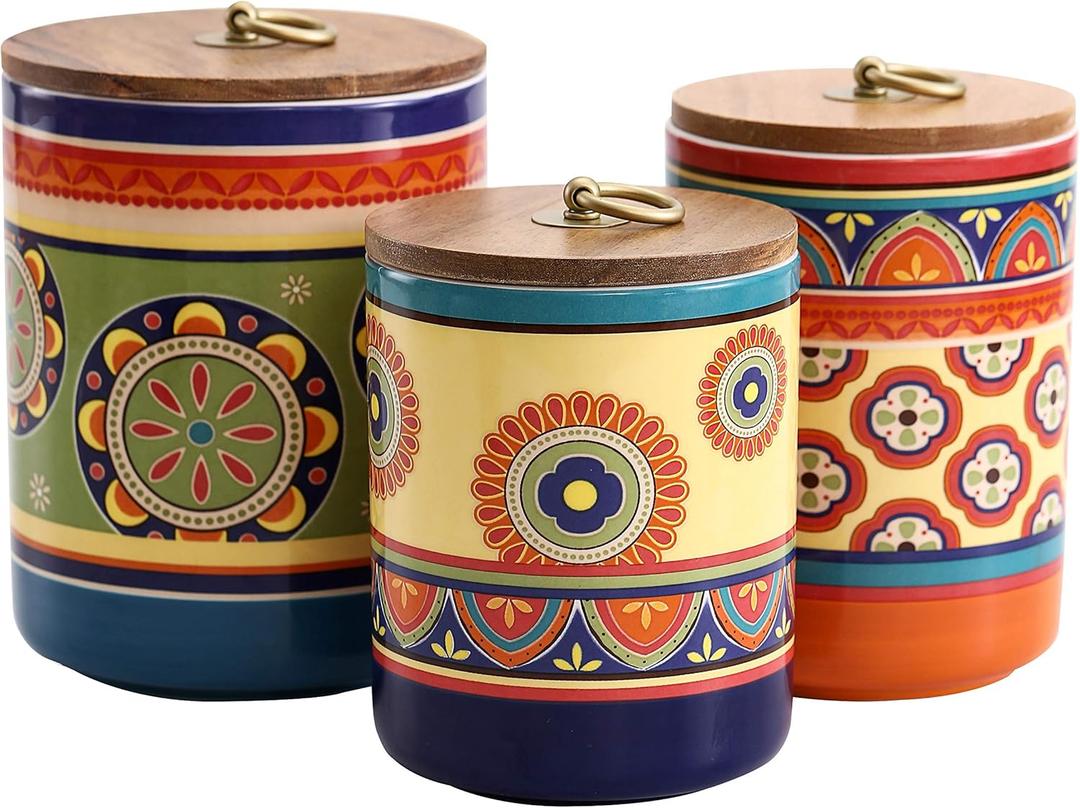 Bico Tunisian Ceramic Canister Set of 3 for Kitchen Counter, 62oz, 40oz, 32oz each, with Wooden Air Tight Lid, Food Storage Jar for storing Coffee, Tea, Spice, Dishwasher Safe