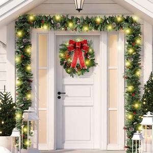 Ceenna Extra Long 15ft Christmas Garland with 100 LED Lights Artificial Pine Prelit Lighted Christmas Outdoor Indoor Decorations Xmas Holiday Stairs Railing Mantle Door Decor(Pine Cone Garland)