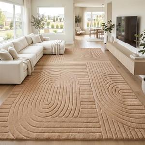 Brown Solid Area Rug 9x12 Large Washable Soft Rugs for Living Room | Modern Geometric Boho High-Low Pile Textured Fluffy Non Slip Carpet for Bedroom, Dining Room, Kids Room, Apartment, Office