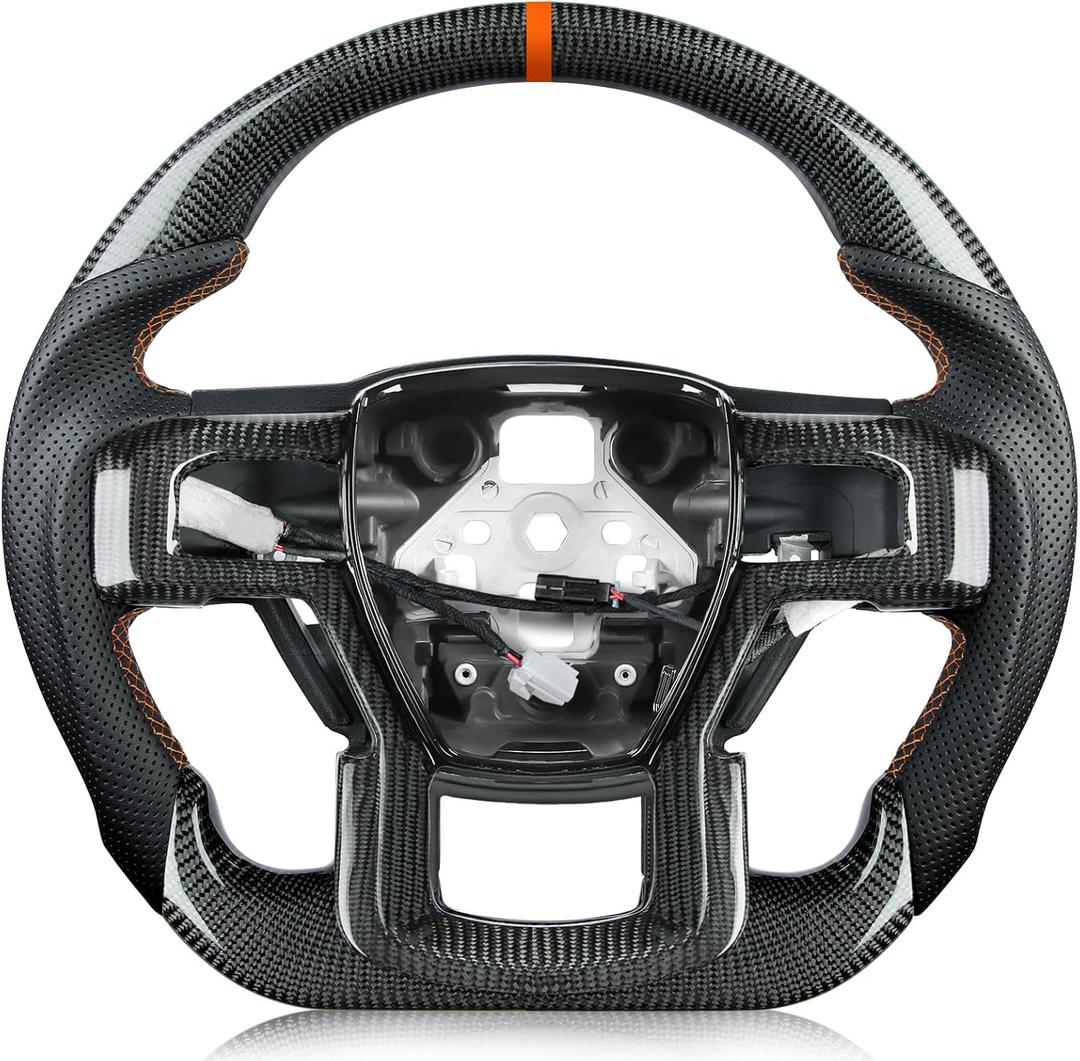 Steering Wheel for F150 Raptor 2017-2020 Real Carbon Fiber with Trim Cover with Heated Orange Stripe&Stitching Black Nappa Leather D-shaped for Raptor with Paddle Shifters Models
